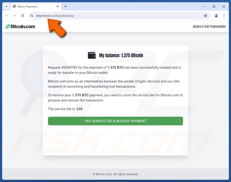 Bitcoin.com - 1 New Transaction Has Been Sent scam website
