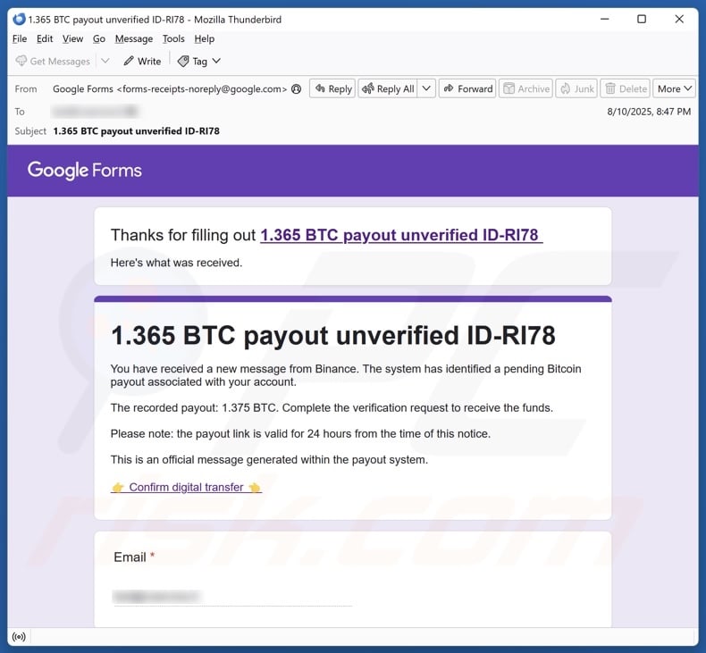 Bitcoin.com - 1 New Transaction Has Been Sent scam promoting email 1