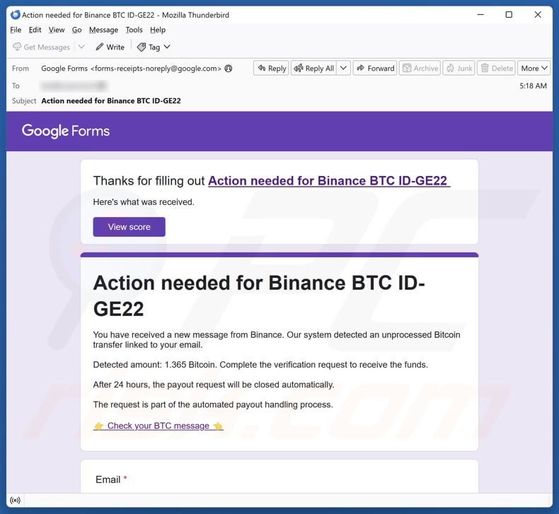 Bitcoin.com - 1 New Transaction Has Been Sent scam promoting email 2