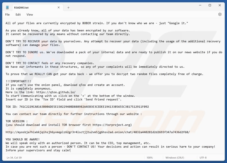 BOBER ransomware text file (R3ADM3.txt)
