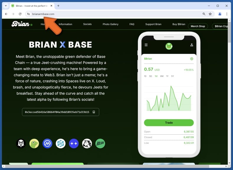 Appearance of the real Brian memecoin website (brianarmbase.com)