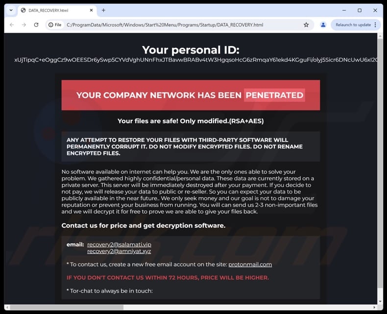 Cybertron ransomware ransom note (DATA_RECOVERY.html)