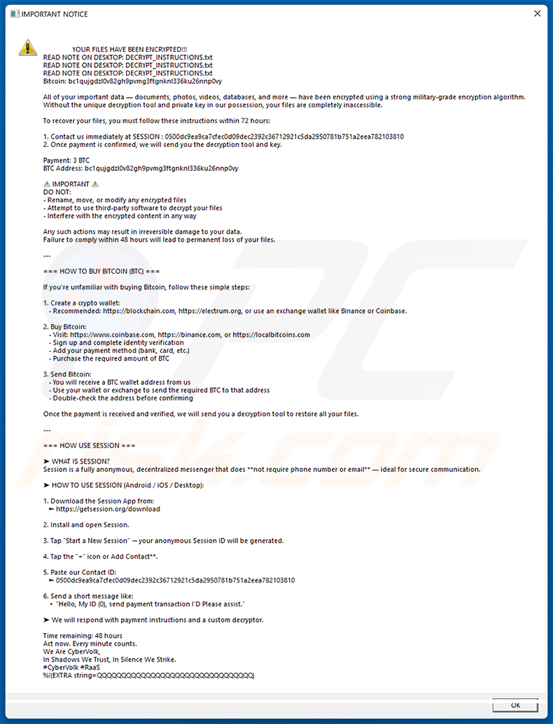 CyberVolk ransomware pop-up window (2025-08-18)