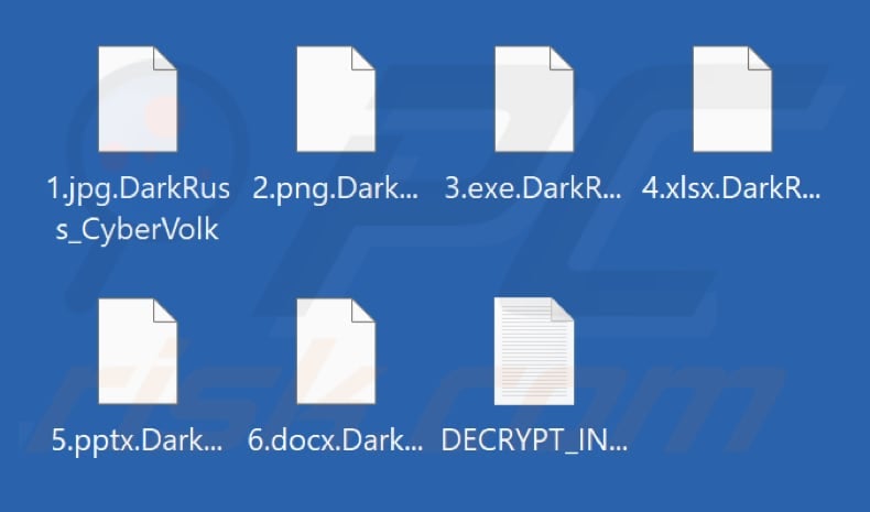 Files encrypted by DarkNetRuss ransomware (.DarkRuss_CyberVolk extension)
