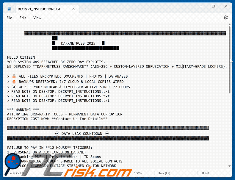DarkNetRuss Ransomware ransom note (DECRYPT_INSTRUCTIONS.txt)