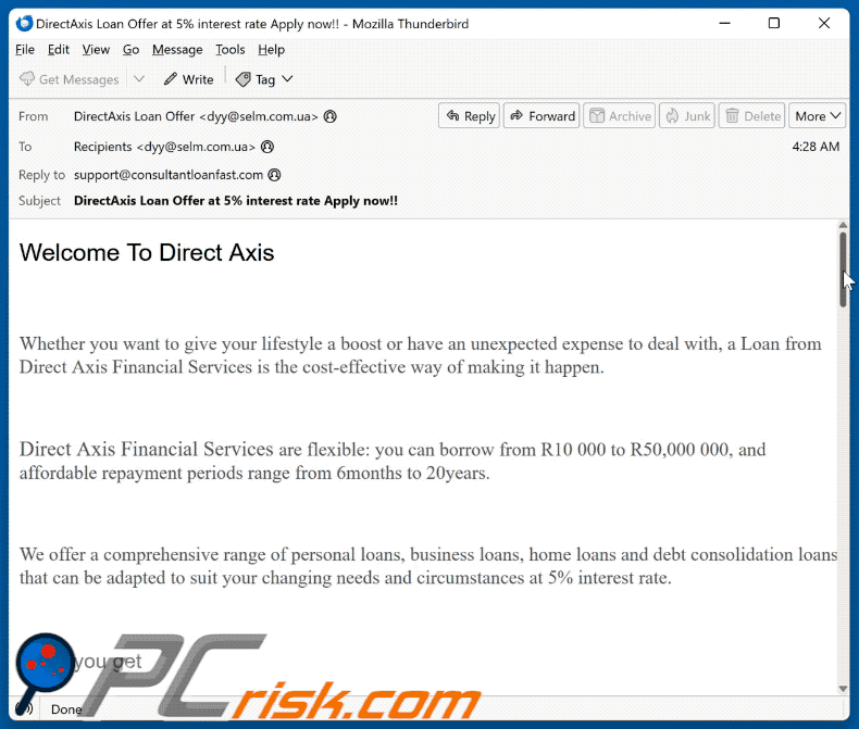 Direct Axis Financial Services scam email (GIF)