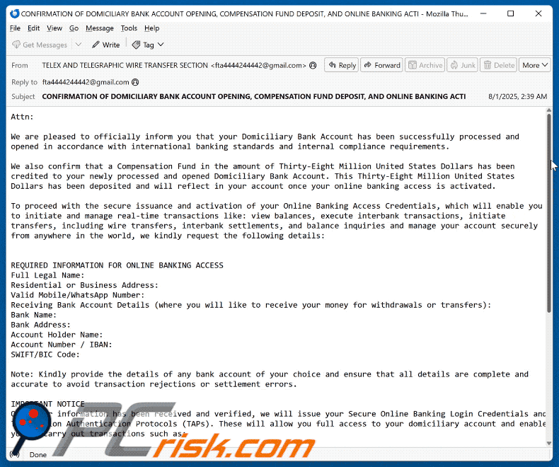 Domiciliary Bank Account Email Scam appearance