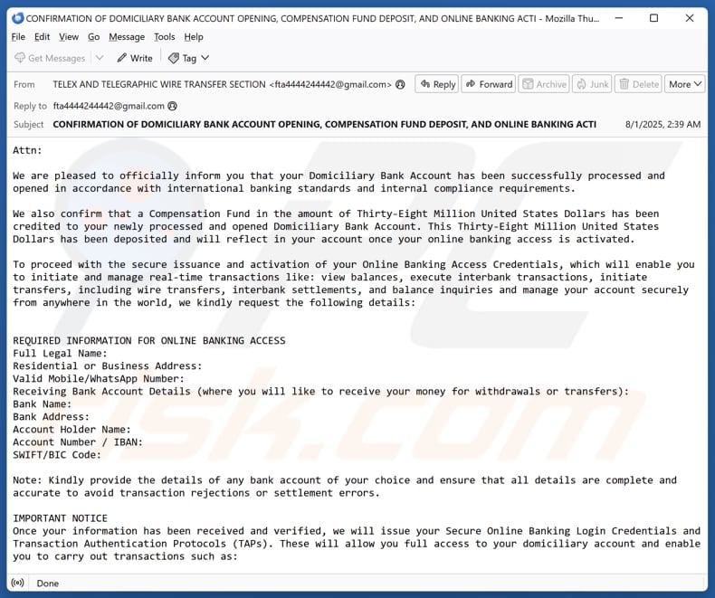 Domiciliary Bank Account email spam campaign