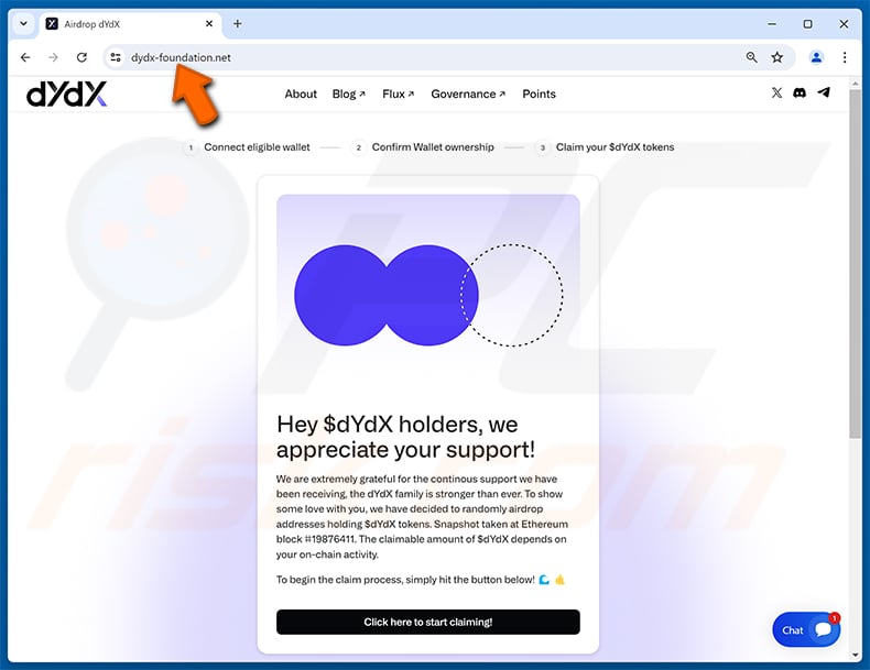 DYDX NFT Airdrop Scam website (dydx-foundation[.]net)
