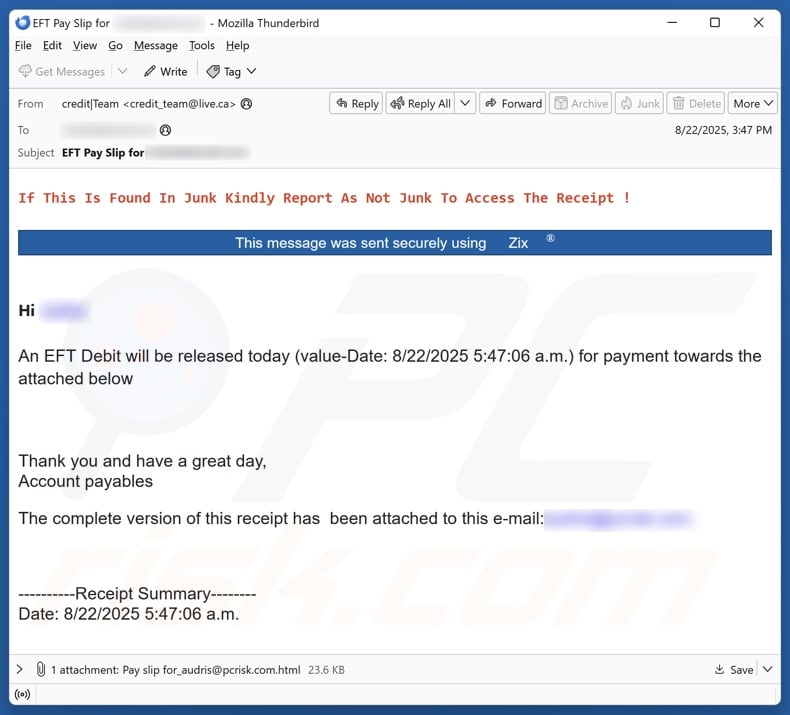 EFT Debit Release email spam campaign