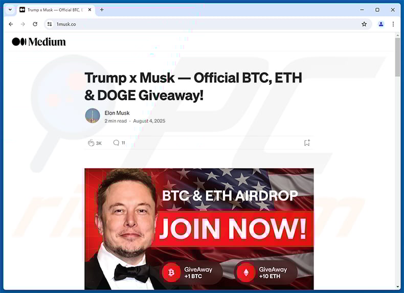 Fake Medium article promoting Elon Musk X Donald Trump Crypto giveaway scam
