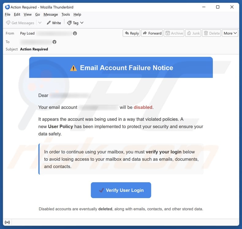 Email Account Failure Notice email spam campaign