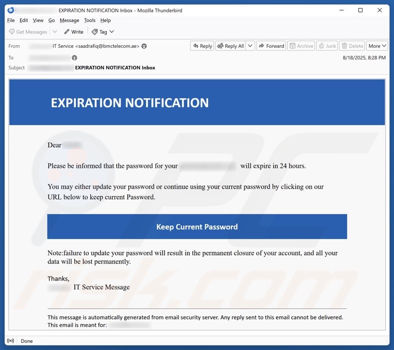 Expiration Notification email spam campaign