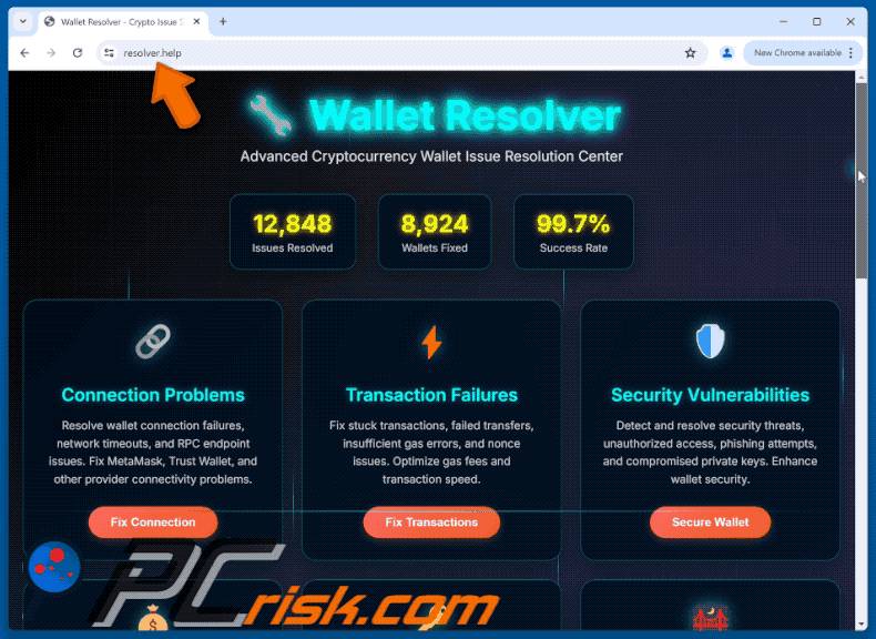 Appearance of the fake Cryptowallet Resolver website (GIF)