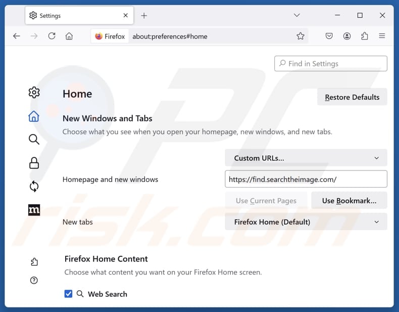 Removing find.searchtheimage.com from Mozilla Firefox homepage