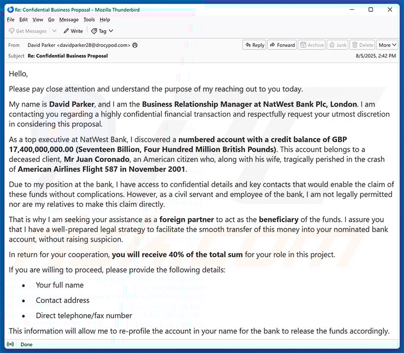 Foreign Beneficiary Email Scam (2025-08-06)