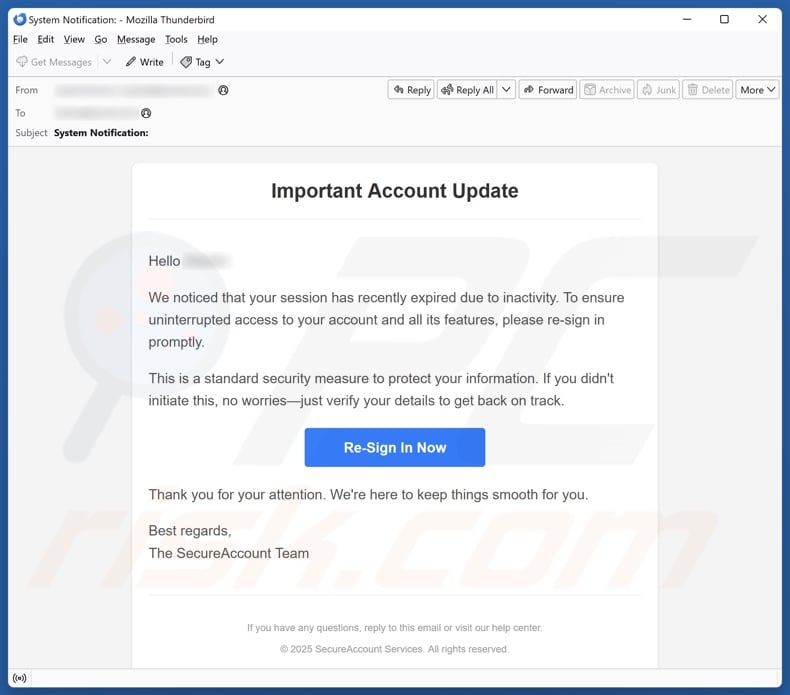 Important Account Update email spam campaign