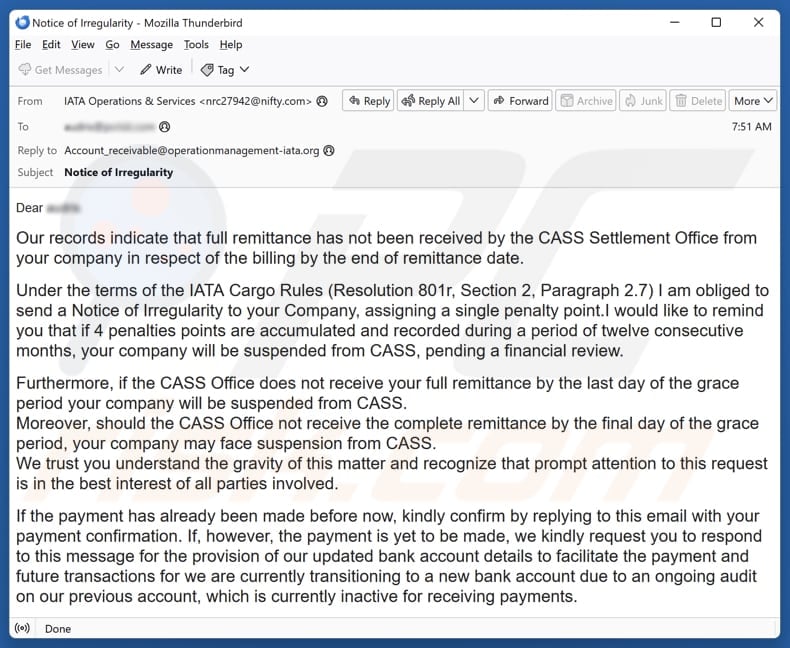 International Air Transport Association (IATA) email spam campaign