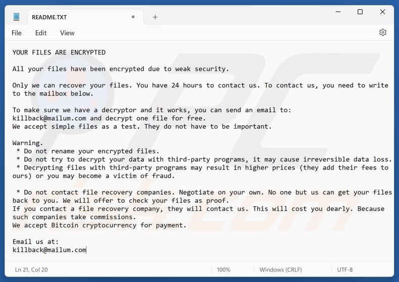 KillBack ransomware text file (README.TXT)