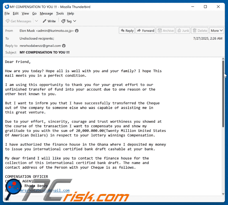 Lottery Winnings Compensation Email Scam appearance