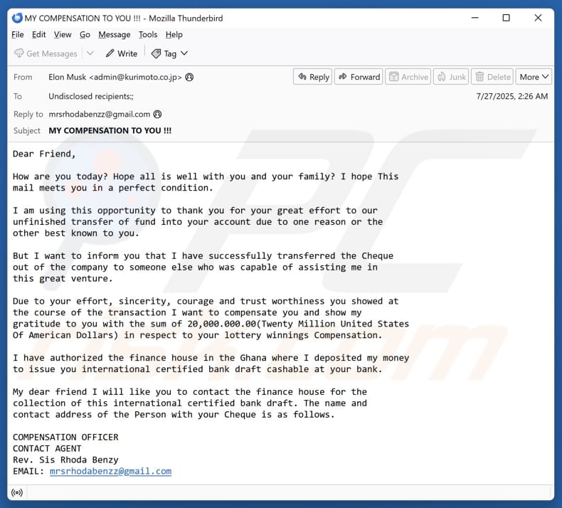 Lottery Winnings Compensation email spam campaign
