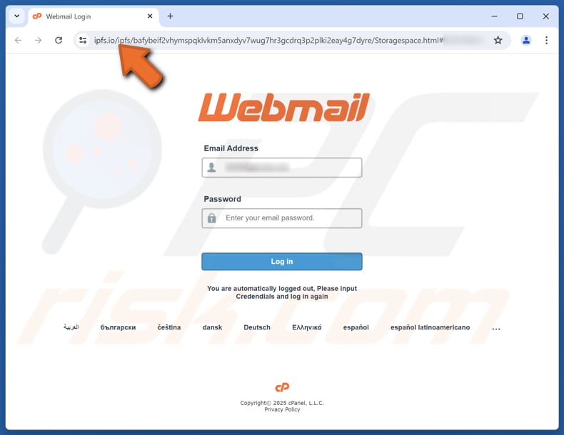 Low Storage Warning Email Scam phishing site