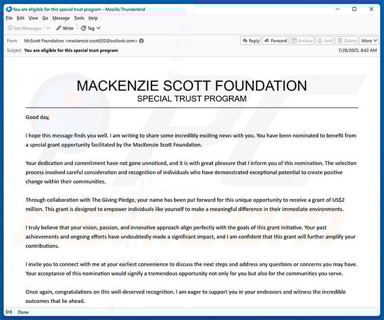 Mackenzie Scott Foundation Email Scam (2025-08-06)
