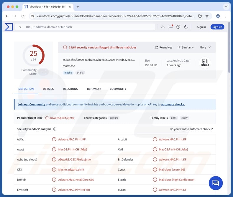 Marmose.app adware detections on VirusTotal