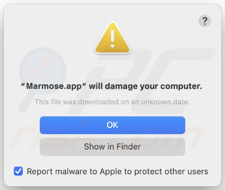 Pop-up displayed when Marmose.app adware is detected on the system