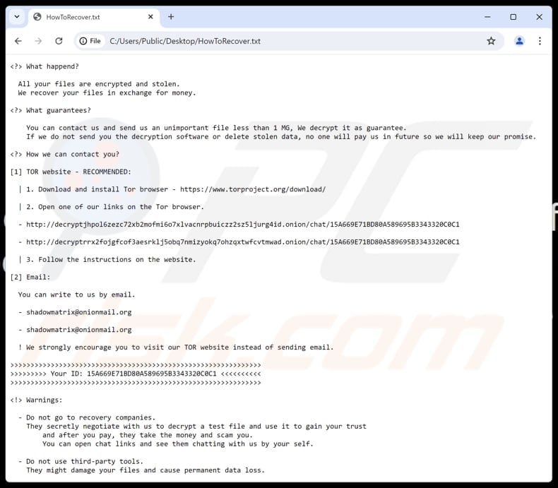 Matrix ransomware text file (HowToRecover.txt)