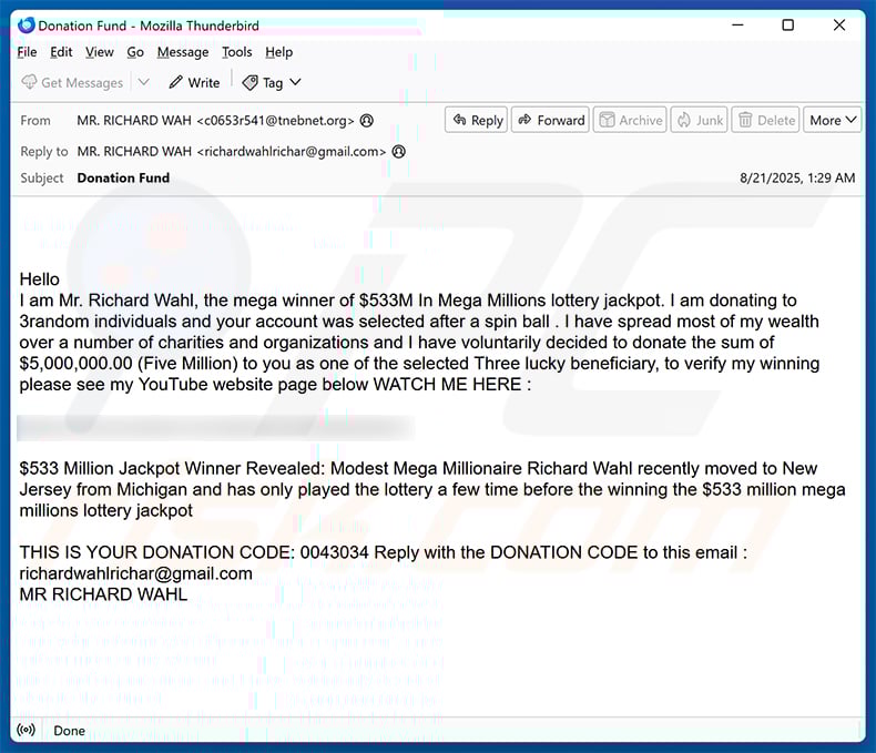 Mega Millions International Lottery email scam (2025-08-26)