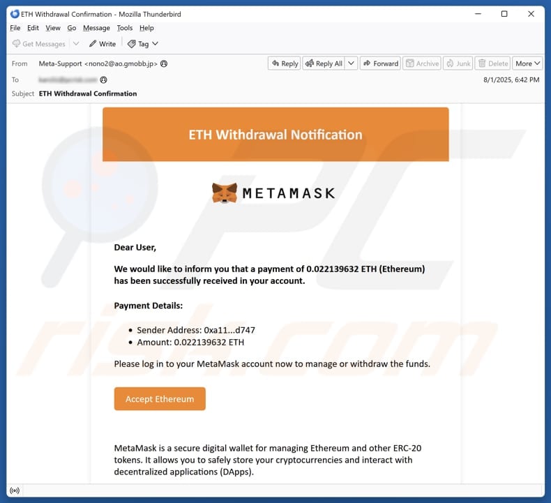Metamask - ETH Withdrawal Notification email spam campaign