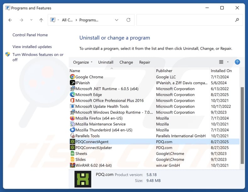 Malicious application uninstall via Control Panel