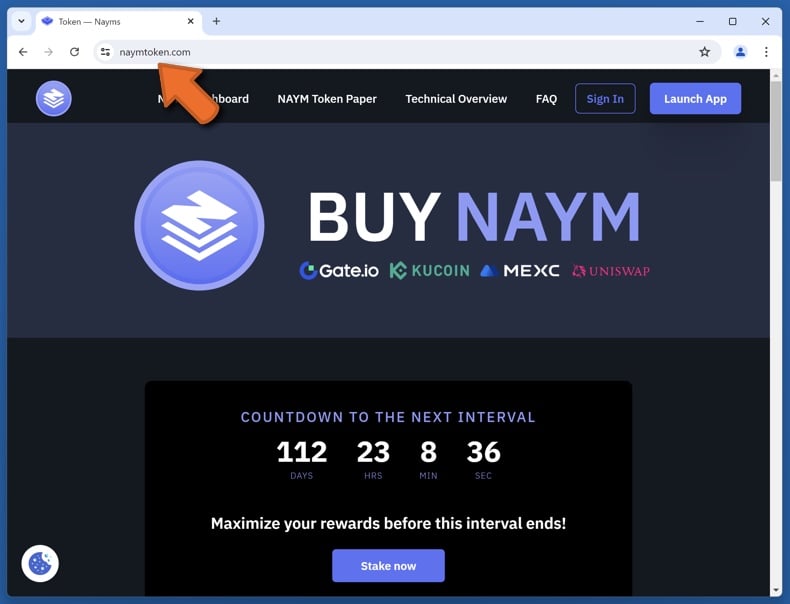 Appearance of the real NAYM token website (naymtoken.com)