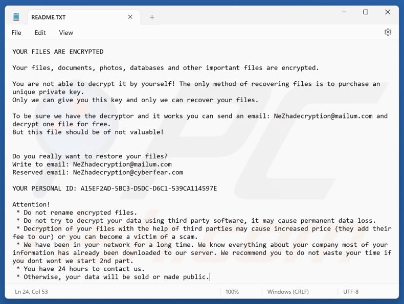 NeZha ransomware ransom note (README.TXT)