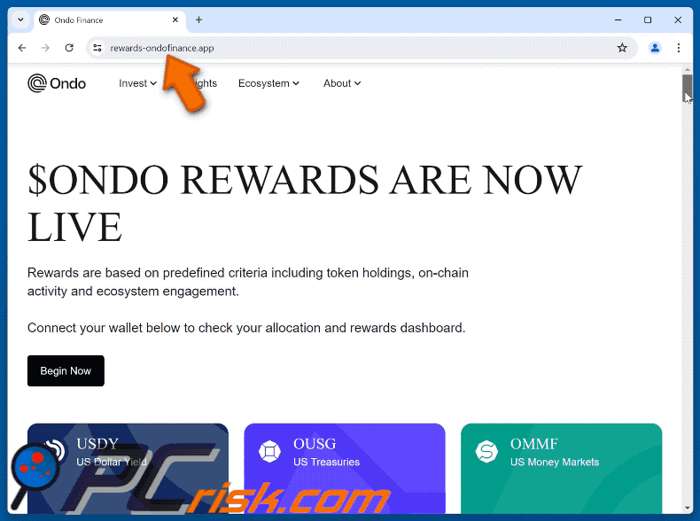 Appearance of the fake $ONDO Rewards website (GIF)