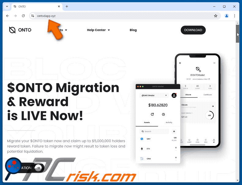 Appearance of the fake $ONTO Migration & Reward website (GIF)