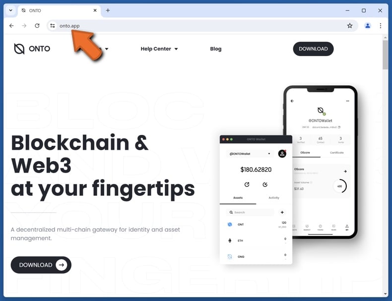 Appearance of the real ONTO Wallet website (onto.app)