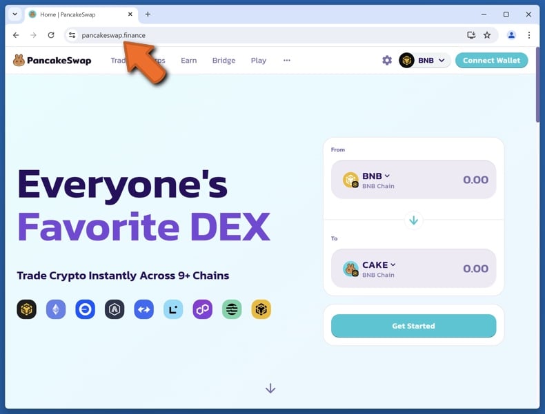 Appearance of the real PancakeSwap website (pancakeswap.finance)