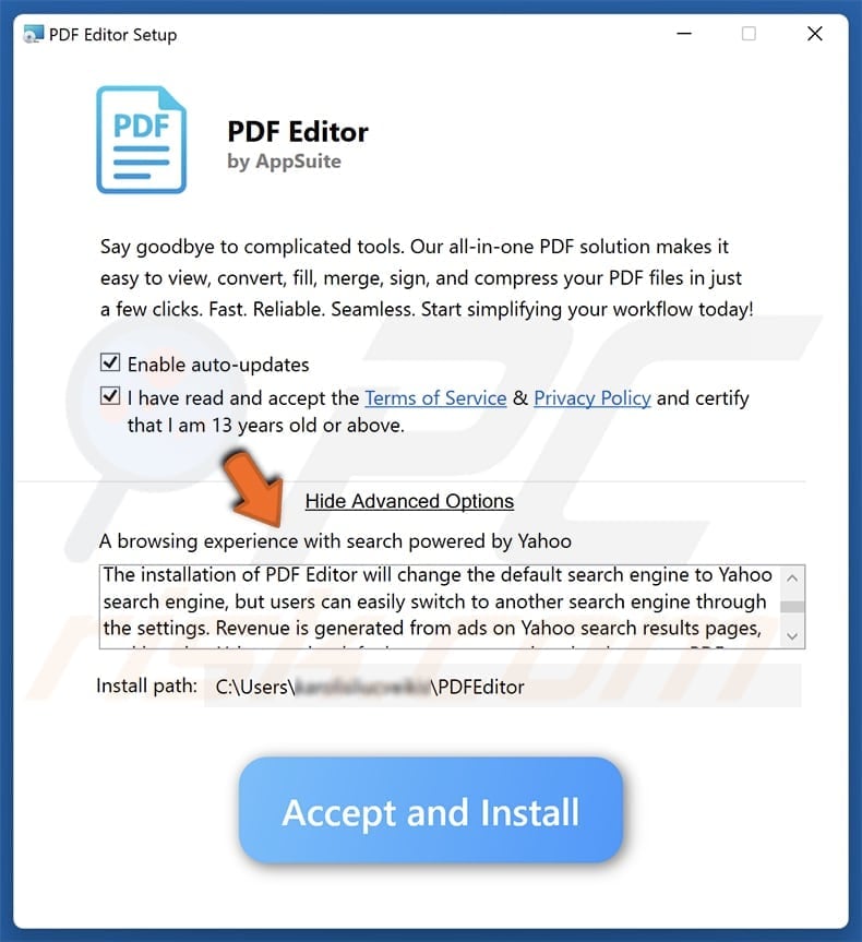 PDF Editor By App Suite Unwanted Application installer mentioning yahoo