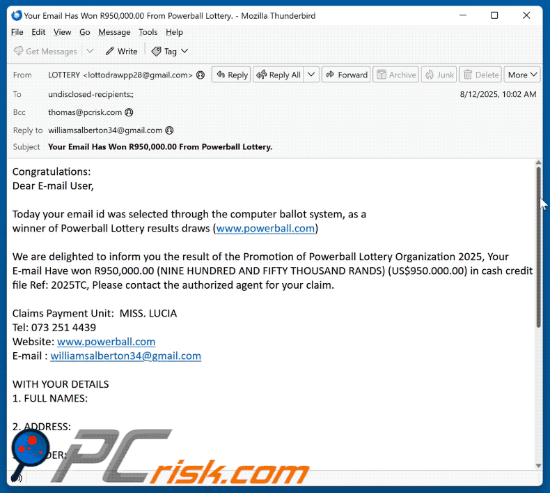 Promotion Of Powerball Lottery Organization 2025 scam email appearance (GIF)