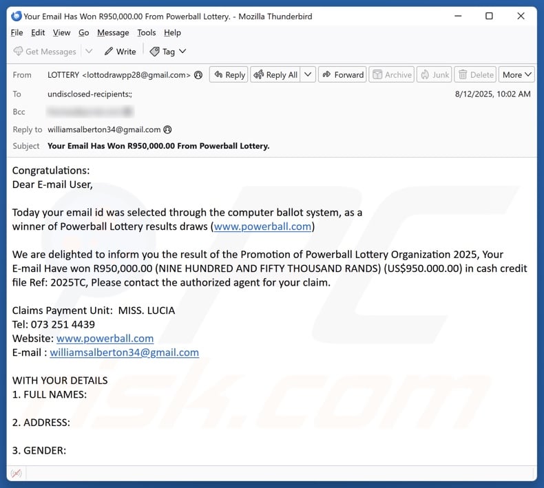 Promotion Of Powerball Lottery Organization 2025 email spam campaign
