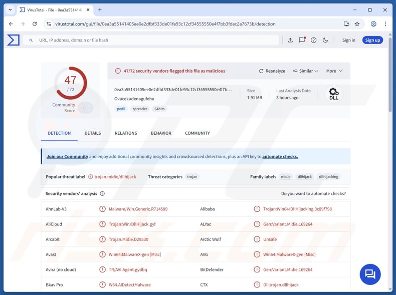 QuirkyLoader malware detections on VirusTotal