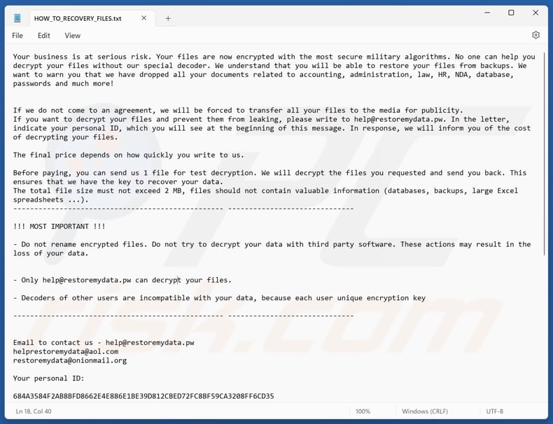 RestoreMyData ransomware ransom note (HOW_TO_RECOVERY_FILES.txt)