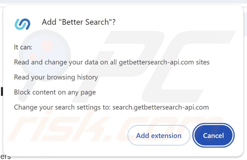 Better Search browser hijacker asking for permissions