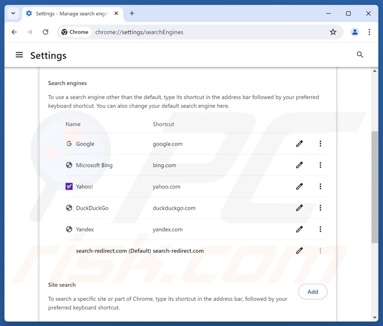 Removing search-redirect.com from Google Chrome default search engine