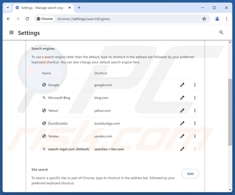 Removing search-regal.com from Google Chrome default search engine
