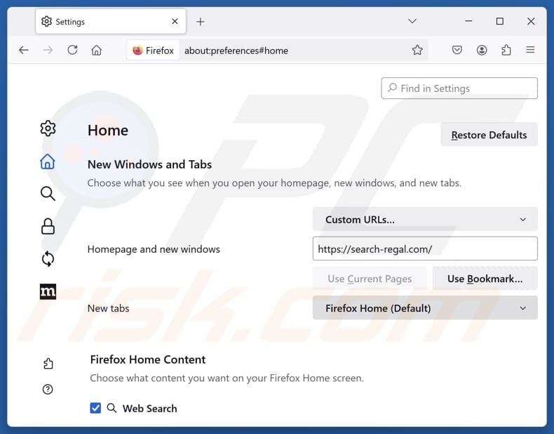 Removing search-regal.com from Mozilla Firefox homepage