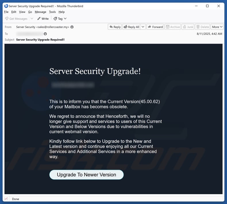 Server Security Upgrade email spam campaign