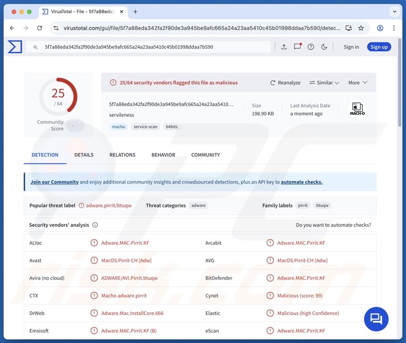 Servileness.app adware detections on VirusTotal